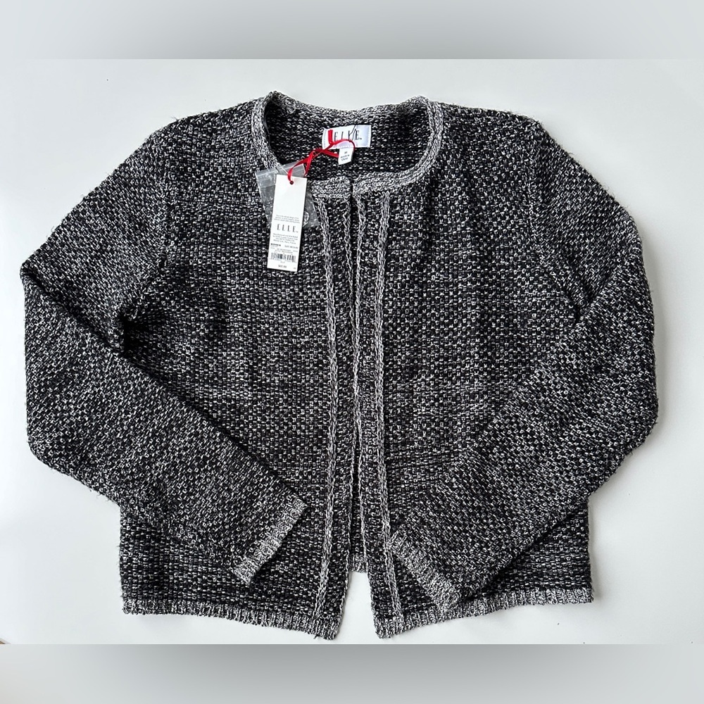 NWT Elle Black White Tweed Look Open Front Cardigan Work Sweater Women’s Medium